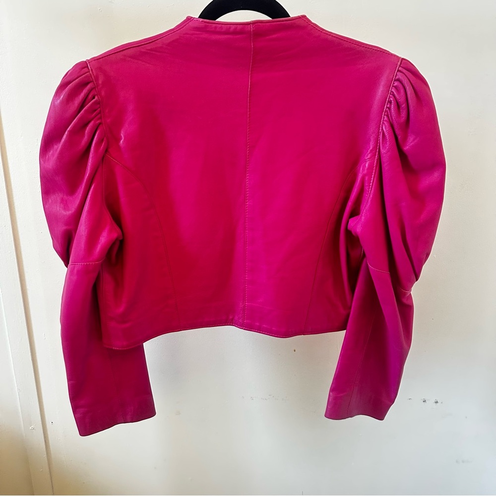 Hot Pink Vintage Lambskin Leather Cropped Jacket | Puff Sleeve Bolero | M - Picture 5 of 8